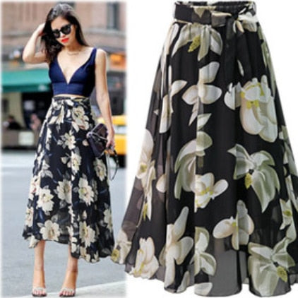 Summer and autumn large size floral black blue chiffon skirt in the long paragraph large swing skirt